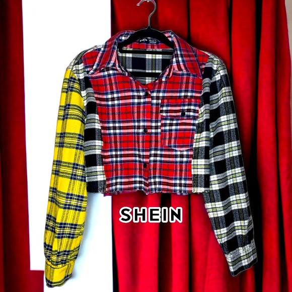 SHEIN Women’s cropped multi plaid button down- Small - Picture 2 of 7